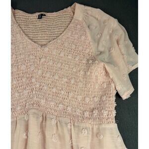 Zatcas Pink‎ Swiss Dot Smocked Babydoll Dress XL Ruffle Hem Casual Boho